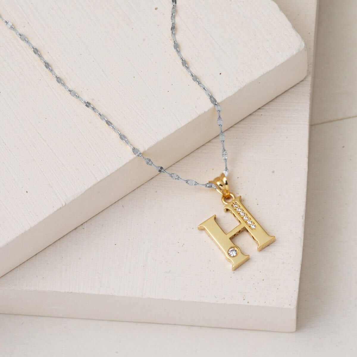 14K Yellow Gold Lettera H Initial Cubic Zirconia Pendant
