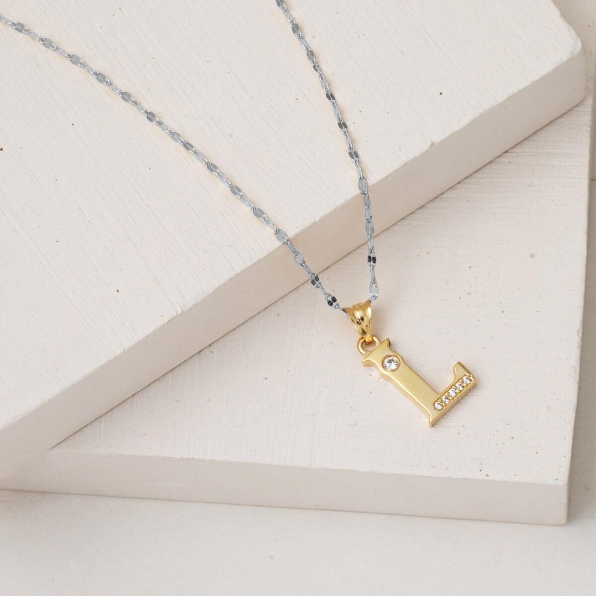 14K Yellow Gold Lettera L Initial Cubic Zirconia Pendant