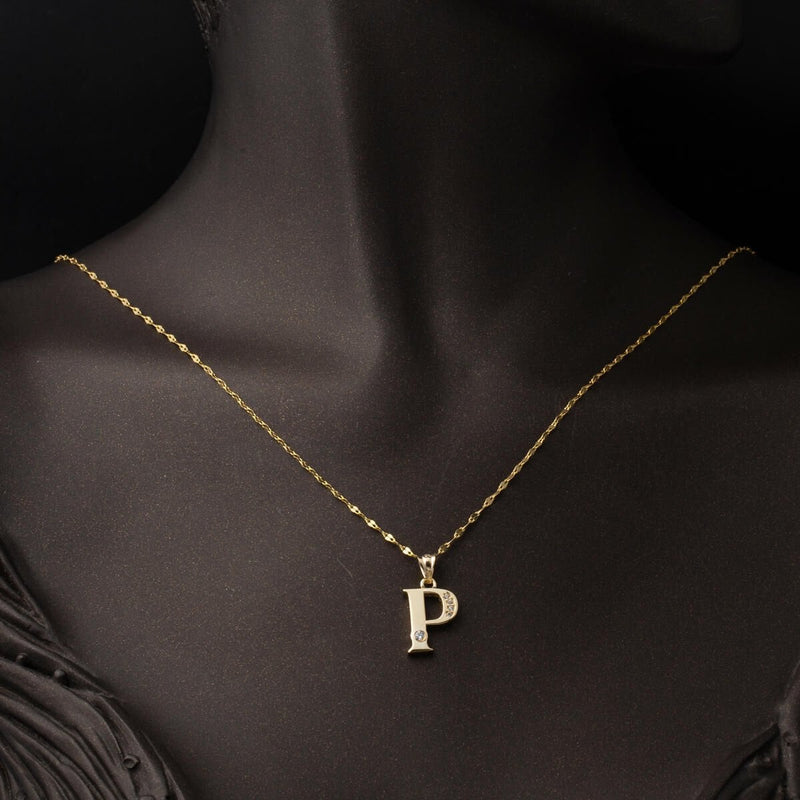14K Yellow Gold Lettera P Initial Chain Cubic Zirconia Necklace