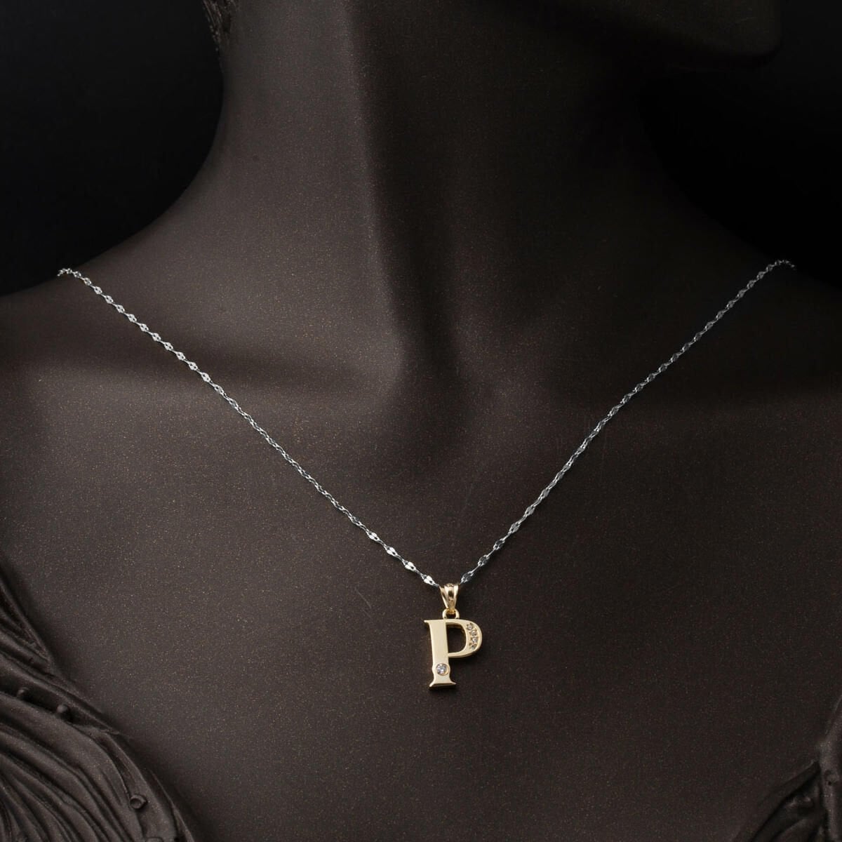 14K Yellow Gold Lettera P Initial Cubic Zirconia Necklace