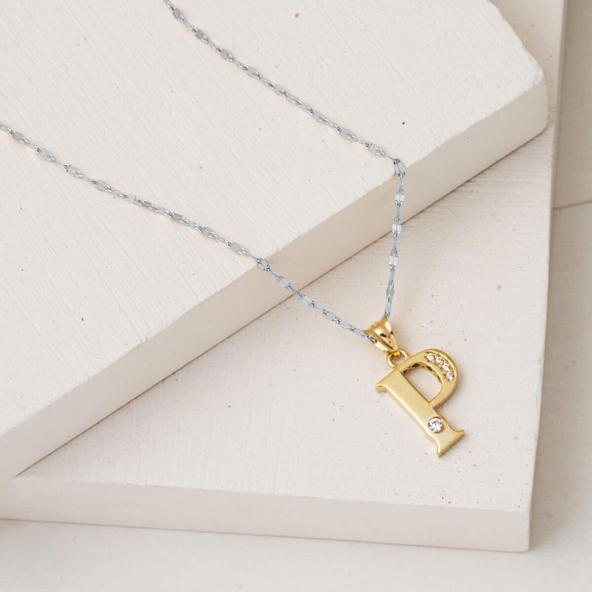14K Yellow Gold Lettera P Initial Cubic Zirconia Necklace