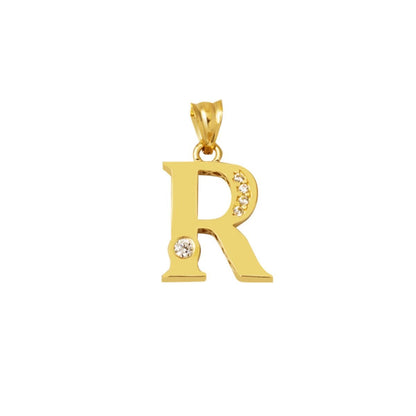 14K Yellow Gold Lettera R Initial Cubic Zirconia Pendant