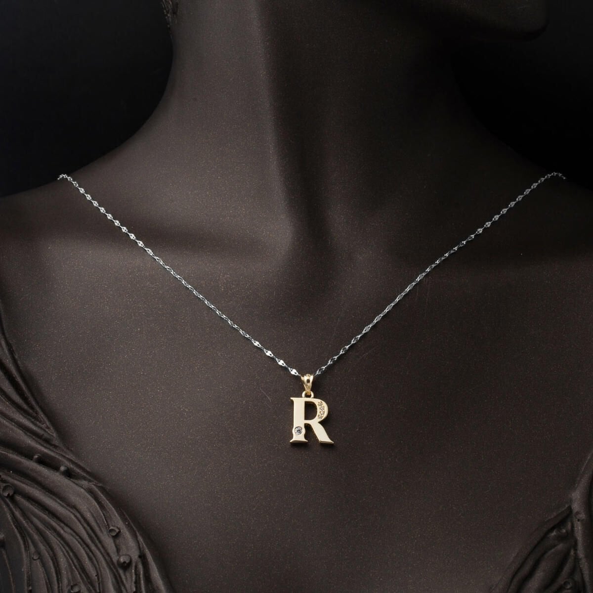 14K Yellow Gold Lettera R Initial Cubic Zirconia Pendant