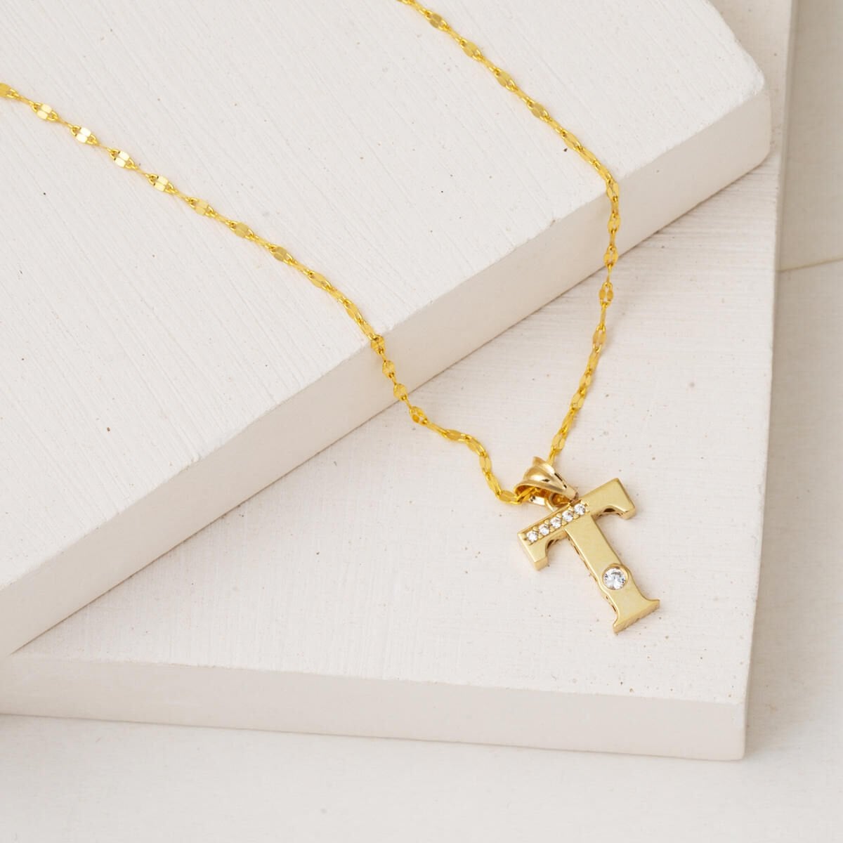 14K Yellow Gold Lettera T Initial Cubic Zirconia Necklace