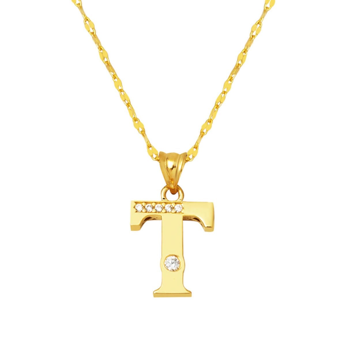 14K Yellow Gold Lettera T Initial Cubic Zirconia Necklace