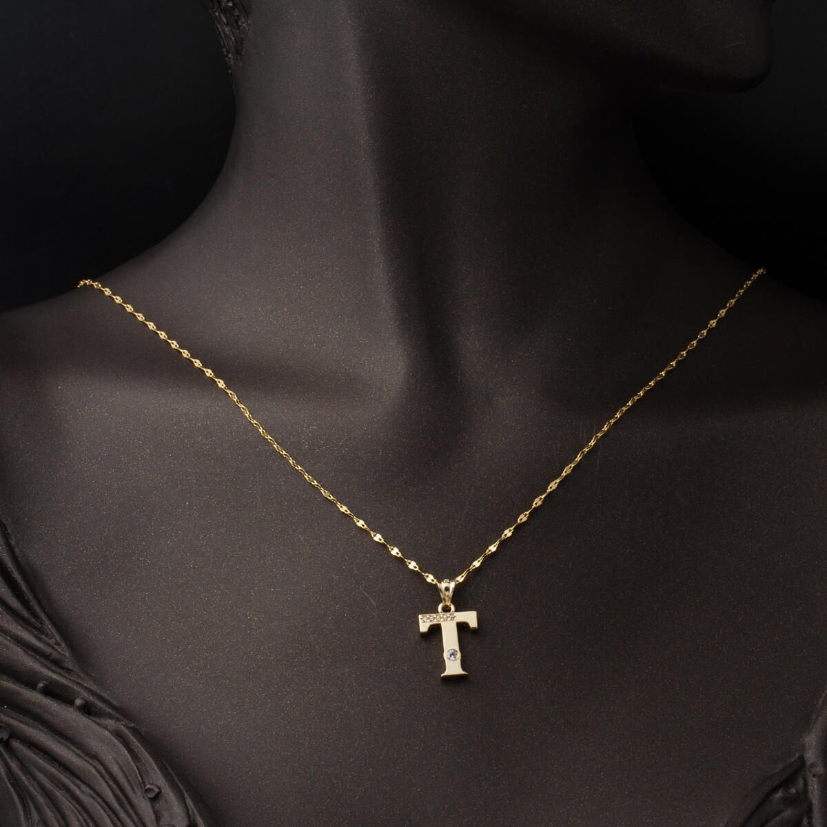 14K Yellow Gold Lettera T Initial Cubic Zirconia Necklace
