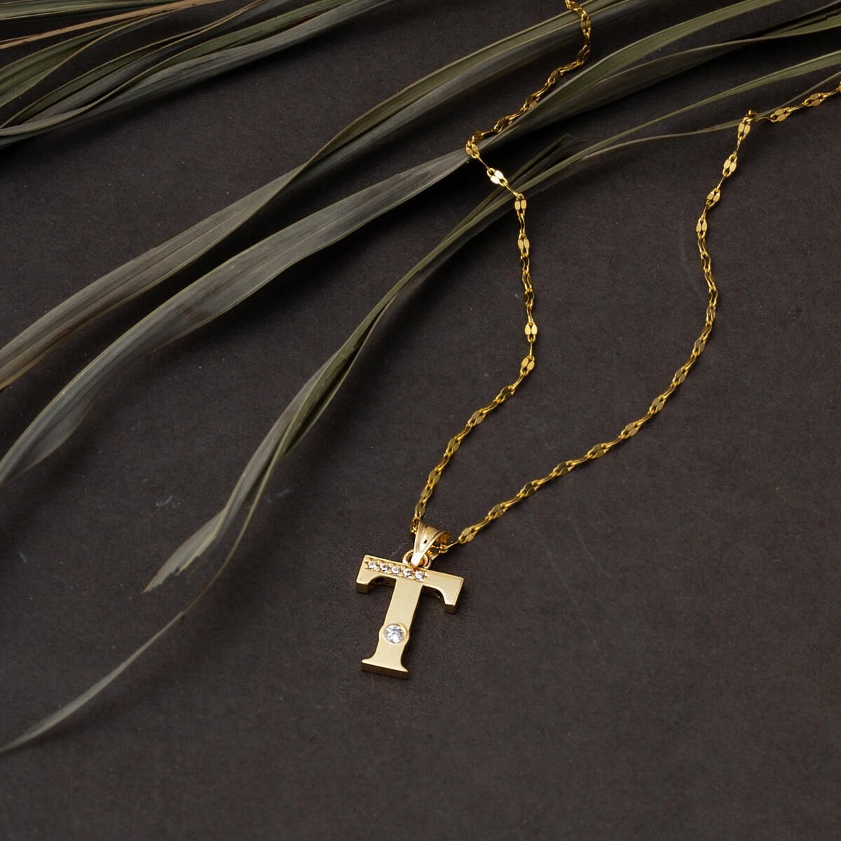 14K Yellow Gold Lettera T Initial Cubic Zirconia Necklace