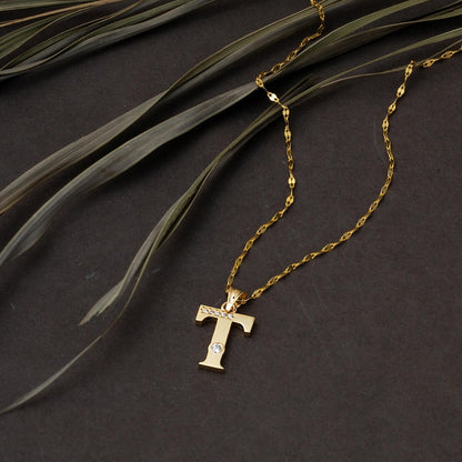 14K Yellow Gold Lettera T Initial Cubic Zirconia Necklace