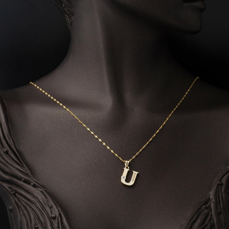 14K Yellow Gold Lettera U Initial Chain Cubic Zirconia Necklace