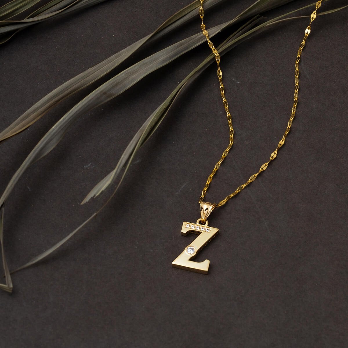14K Yellow Gold Lettera Z Initial Cubic Zirconia Necklace
