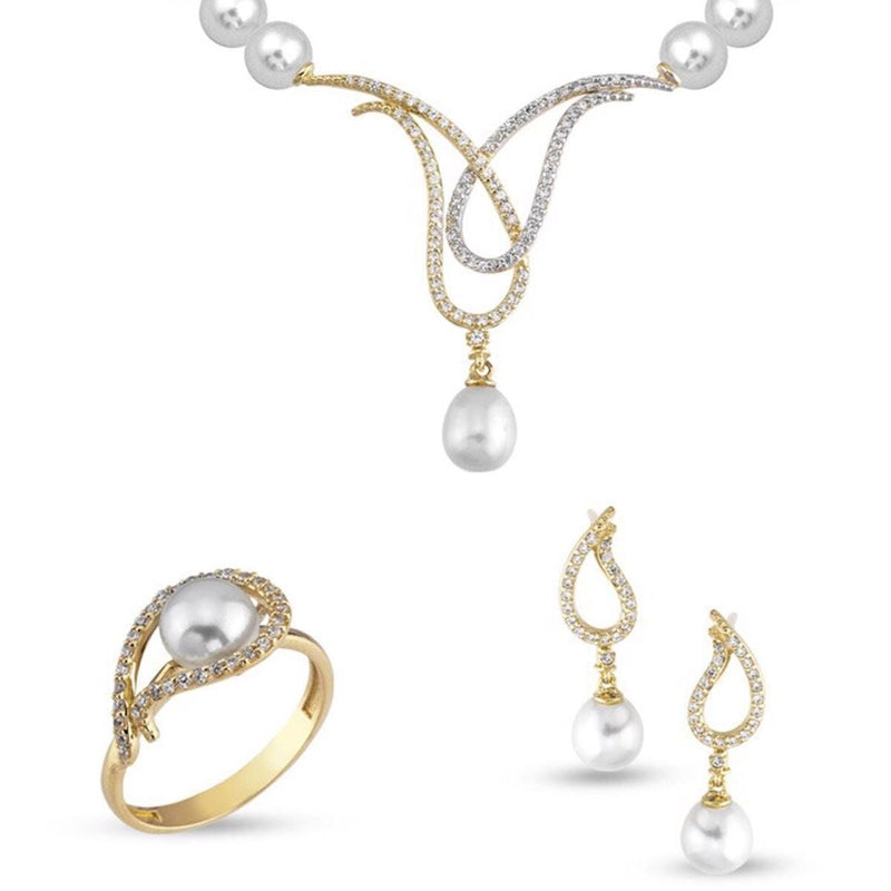 14K Yellow Gold Loures Pearl Bridal Jewelry Set