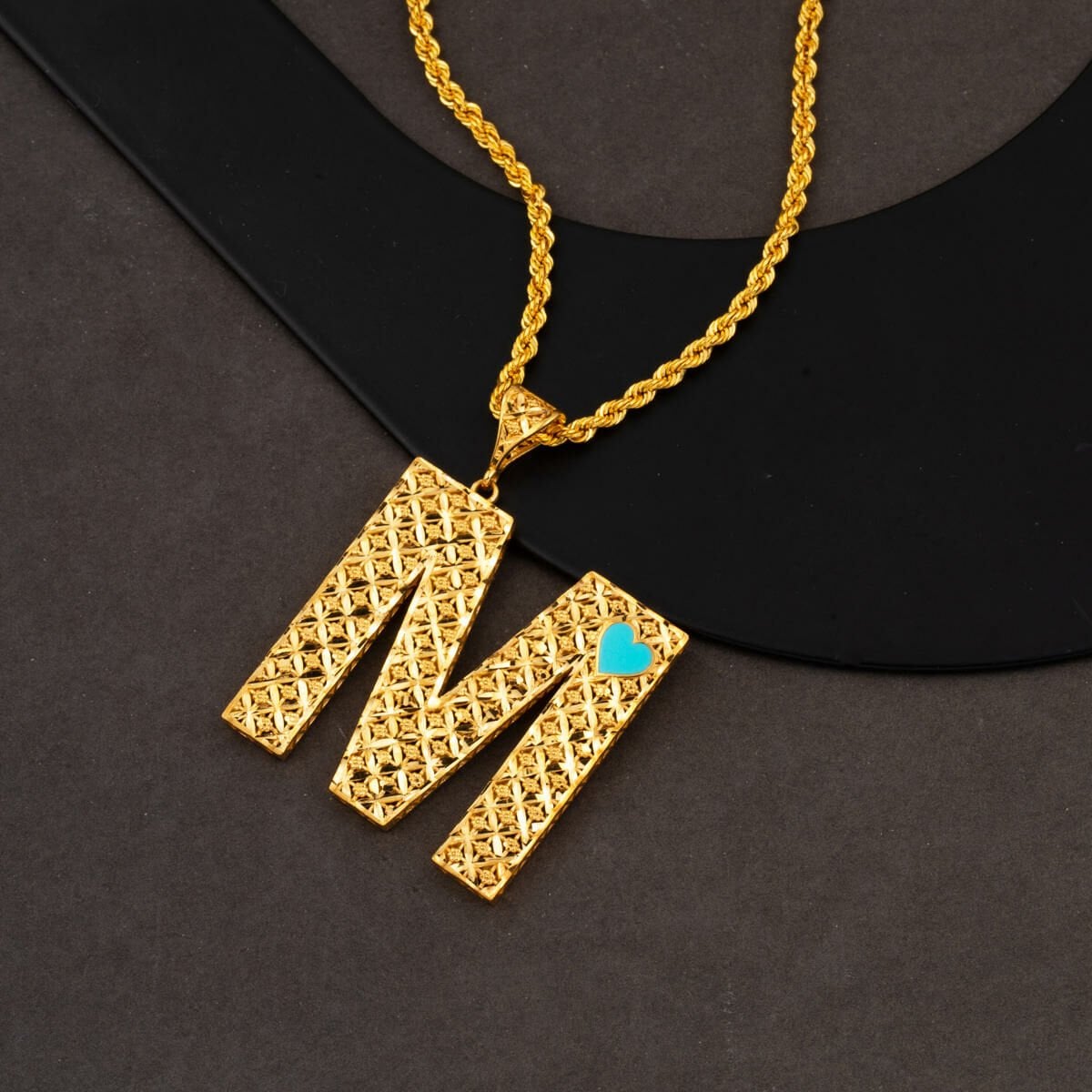 22K Yellow Gold Initial M Heart Turquoise Necklace