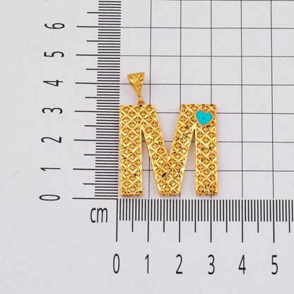 22K Yellow Gold Initial M Heart Turquoise Necklace