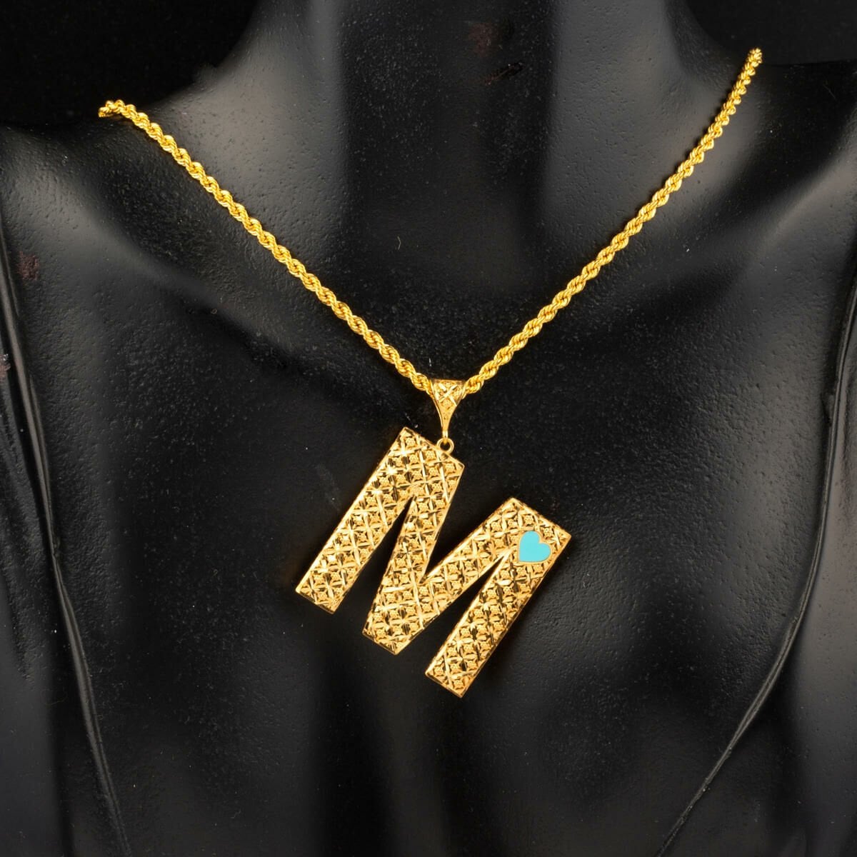 22K Yellow Gold Initial M Heart Turquoise Necklace