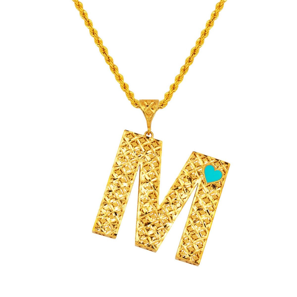 22K Yellow Gold Initial M Heart Turquoise Necklace