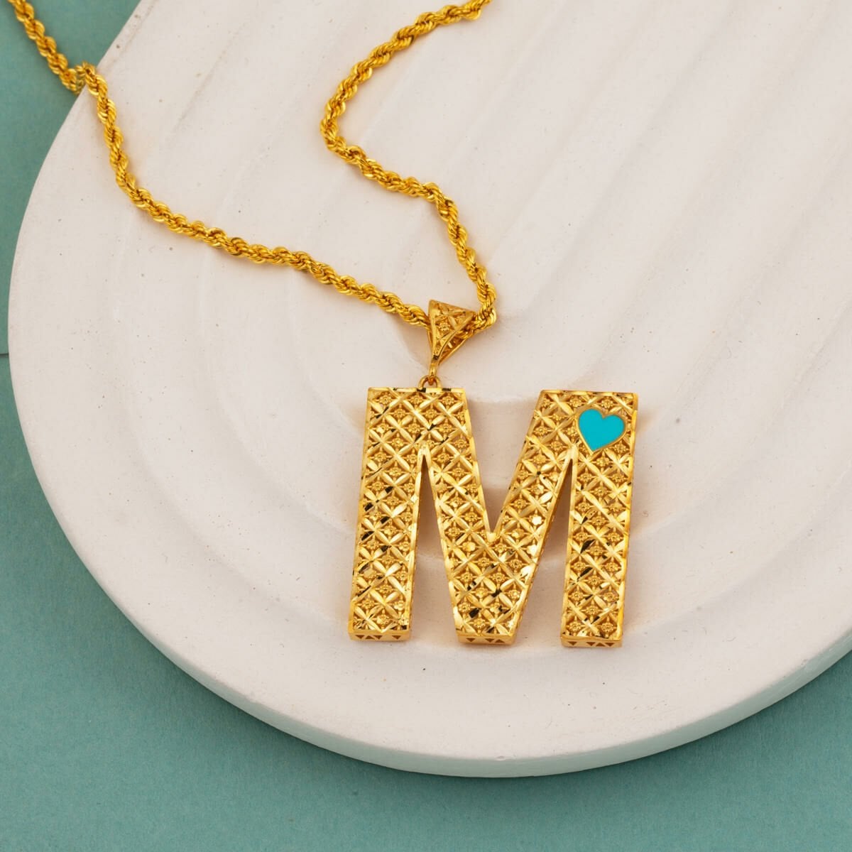 22K Yellow Gold Initial M Heart Turquoise Necklace