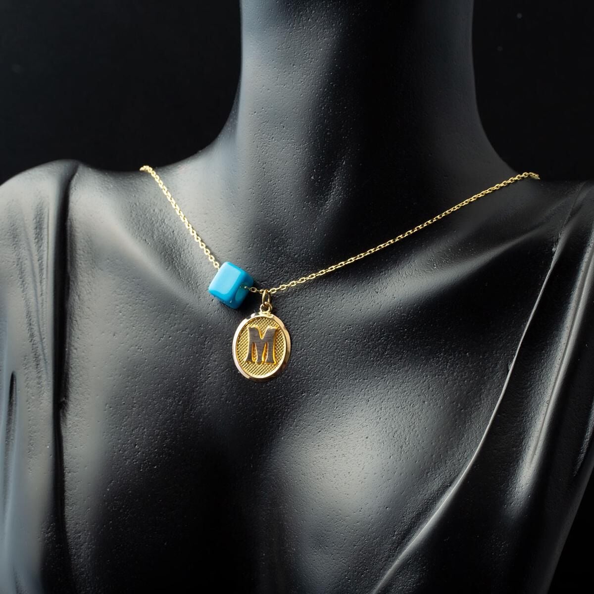 14K Yellow Gold Oval M Initial Necklace