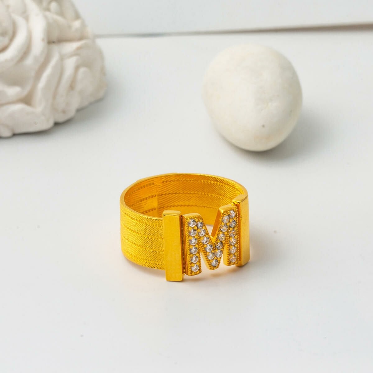 14K Yellow Gold Initial M Trabzon Mesh Cubic Zirconia Ring