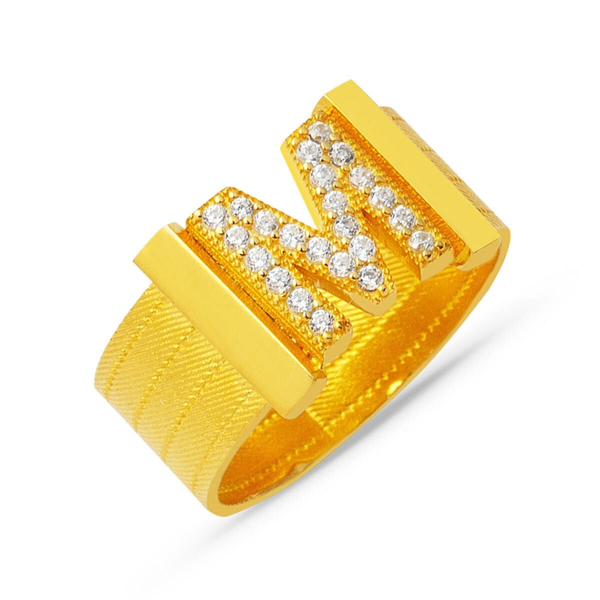 14K Yellow Gold Initial M Trabzon Mesh Cubic Zirconia Ring
