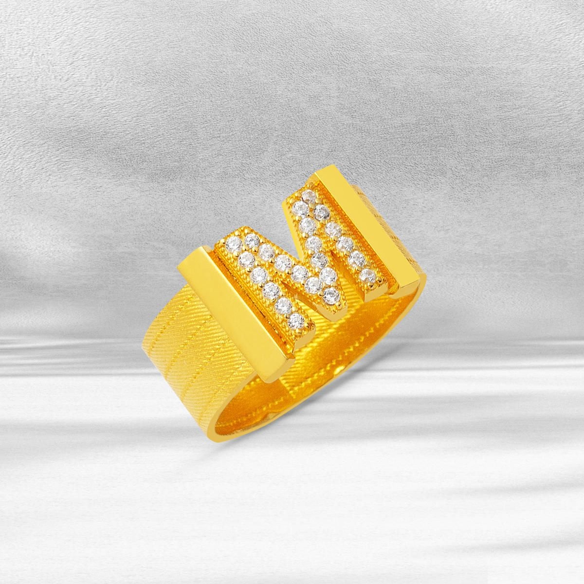 14K Yellow Gold Initial M Trabzon Mesh Cubic Zirconia Ring
