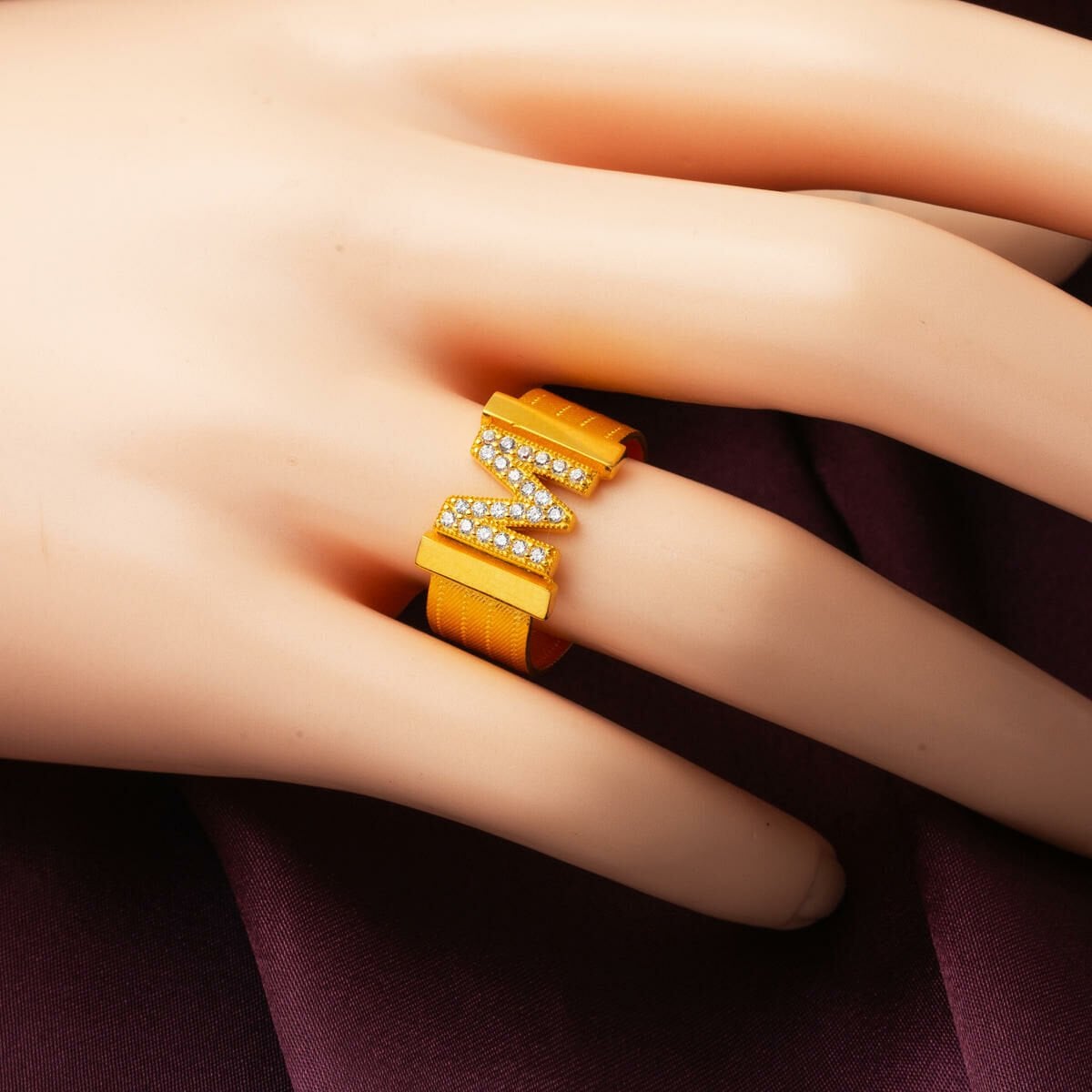14K Yellow Gold Initial M Trabzon Mesh Cubic Zirconia Ring