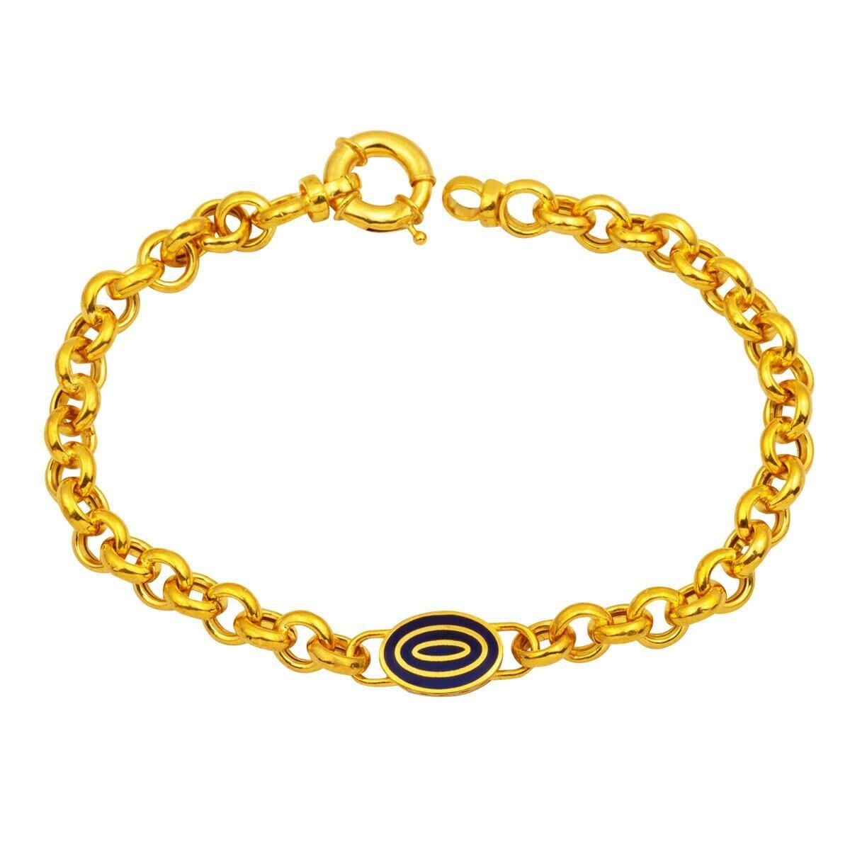 22K Yellow Gold Medallion Enamel Rolo Chain Turquoise Bracelet