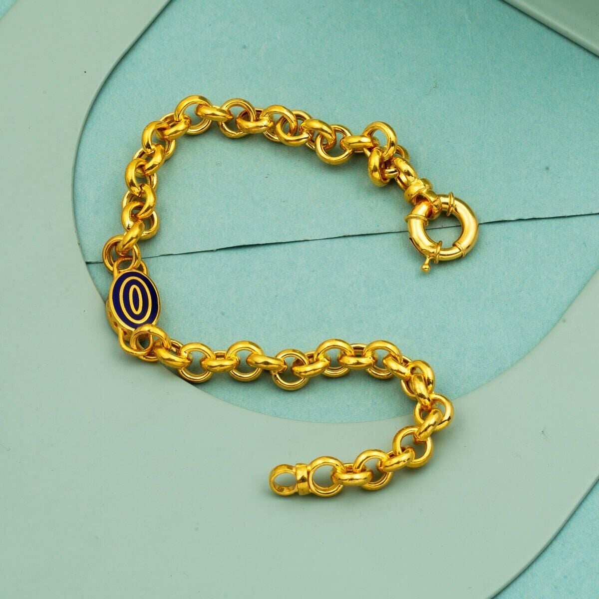 22K Yellow Gold Medallion Enamel Rolo Chain Turquoise Bracelet