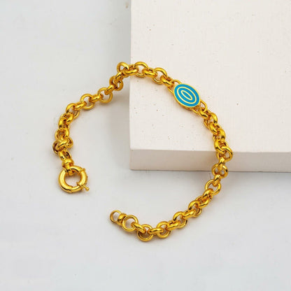 22K Yellow Gold Medallion Enamel Rolo Chain Turquoise Bracelet