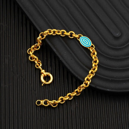 22K Yellow Gold Medallion Enamel Rolo Chain Turquoise Bracelet