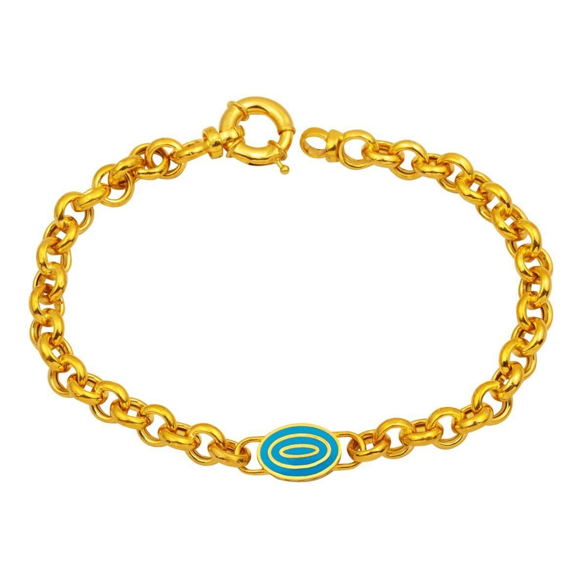 22K Yellow Gold Medallion Enamel Rolo Chain Turquoise Bracelet
