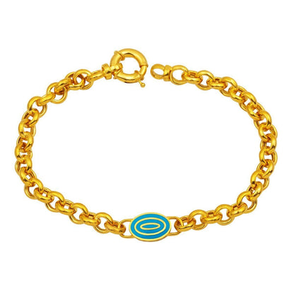 22K Yellow Gold Medallion Enamel Rolo Chain Turquoise Bracelet