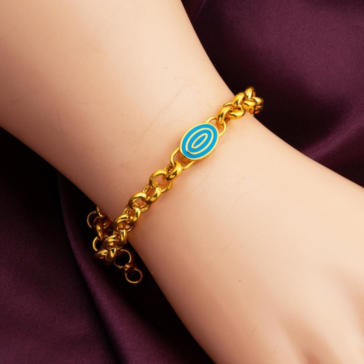 22K Yellow Gold Medallion Enamel Rolo Chain Turquoise Bracelet