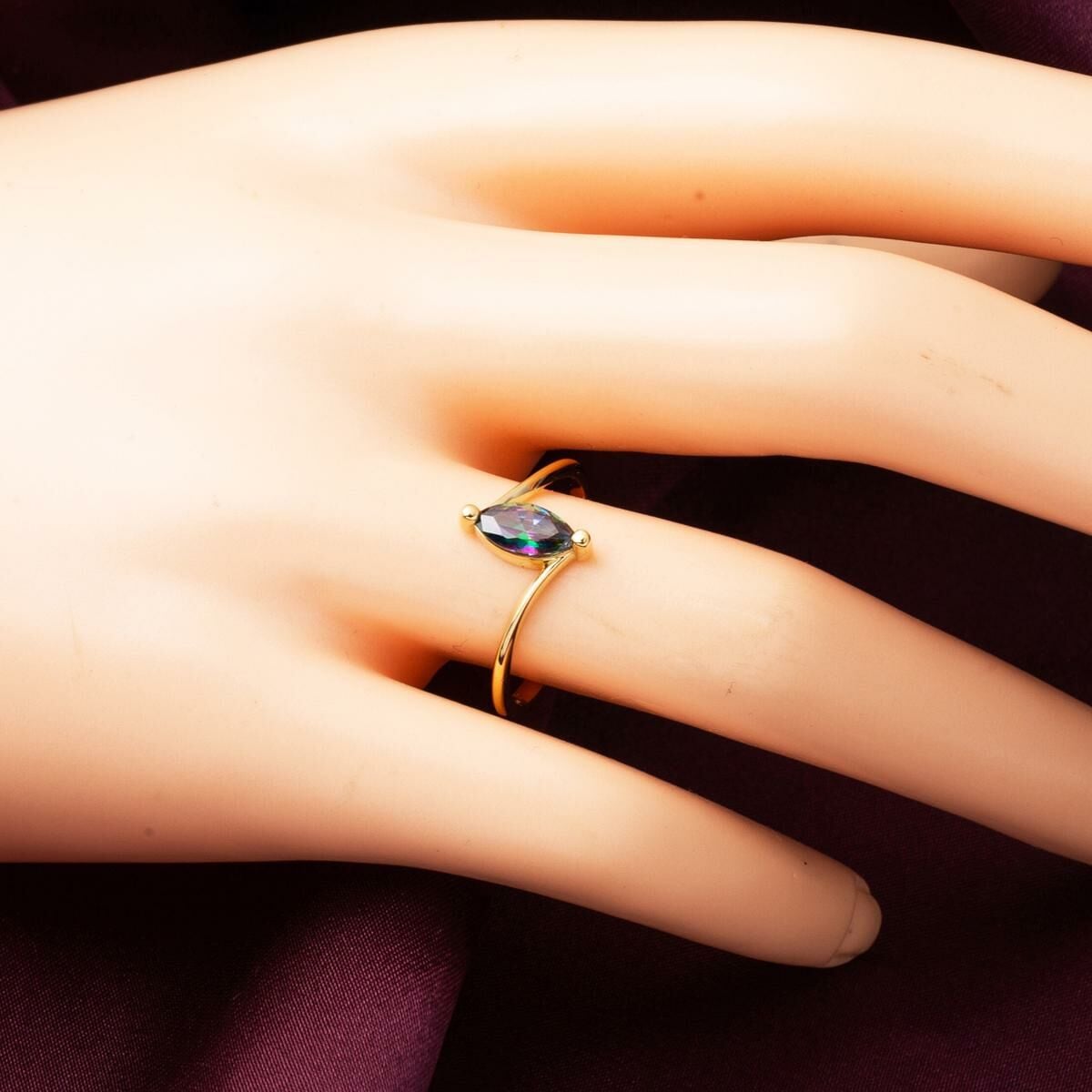14K Yellow Gold Marquise Obsidian Cubic Zirconia Ring