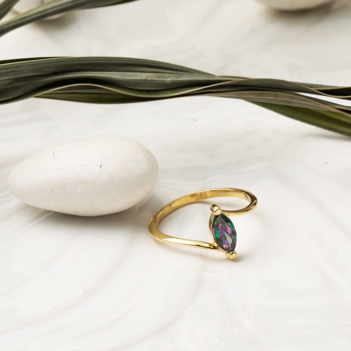 14K Yellow Gold Marquise Obsidian Cubic Zirconia Ring