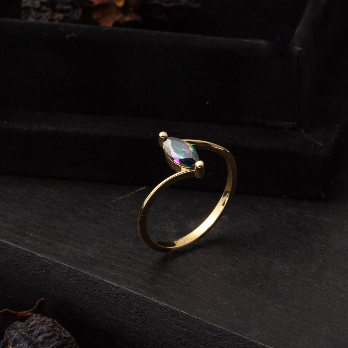 14K Yellow Gold Marquise Obsidian Cubic Zirconia Ring