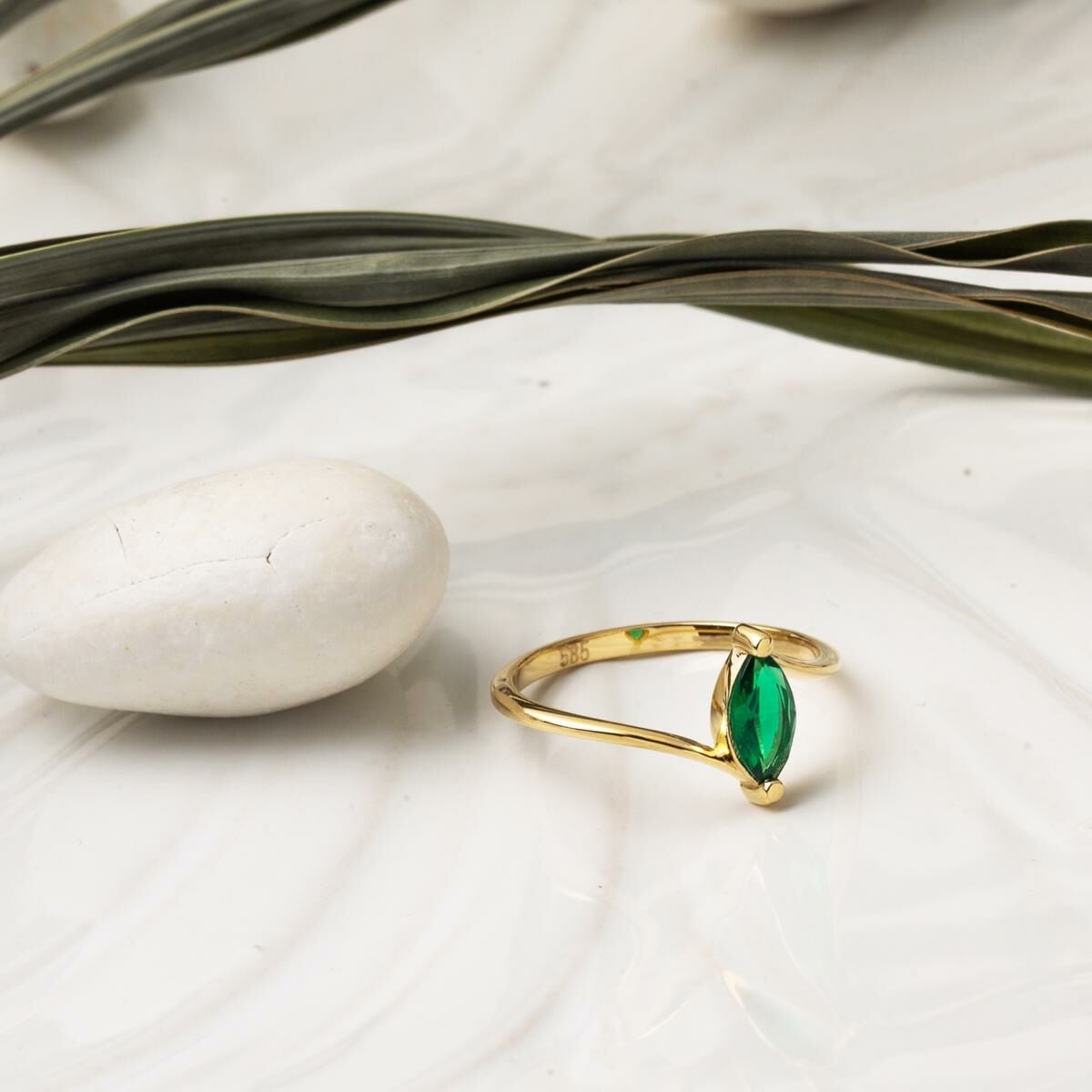 14K Yellow Gold Marquise Green Cubic Zirconia Ring