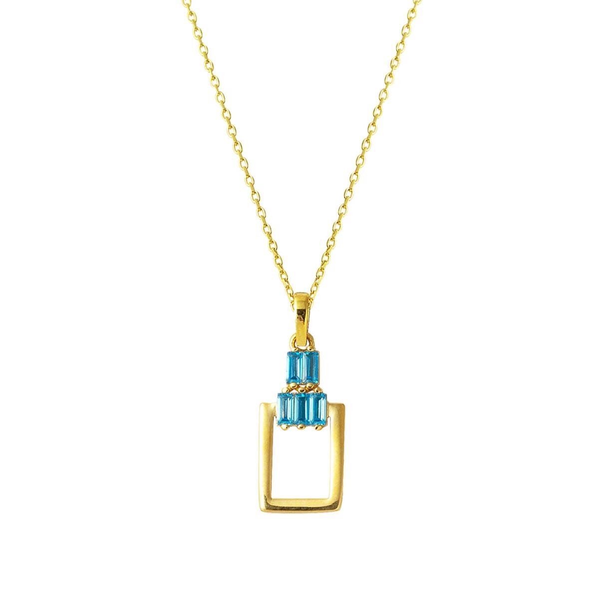 14K Yellow Gold Blue Baguette Cubic Zirconia Rectangle Necklace