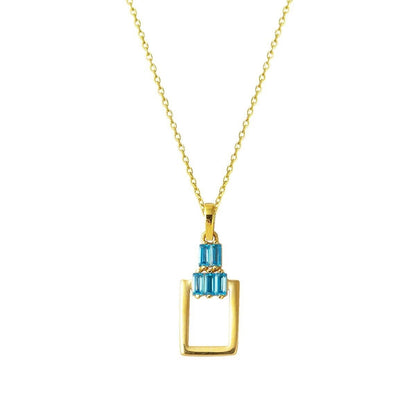 14K Yellow Gold Blue Baguette Cubic Zirconia Rectangle Necklace