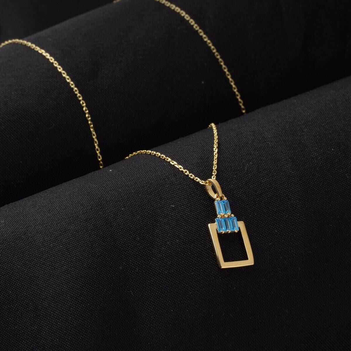 14K Yellow Gold Blue Baguette Cubic Zirconia Rectangle Necklace