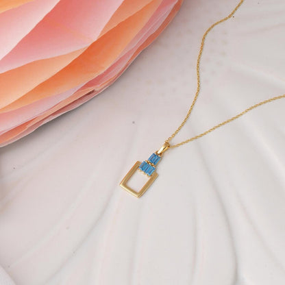 14K Yellow Gold Blue Baguette Cubic Zirconia Rectangle Necklace