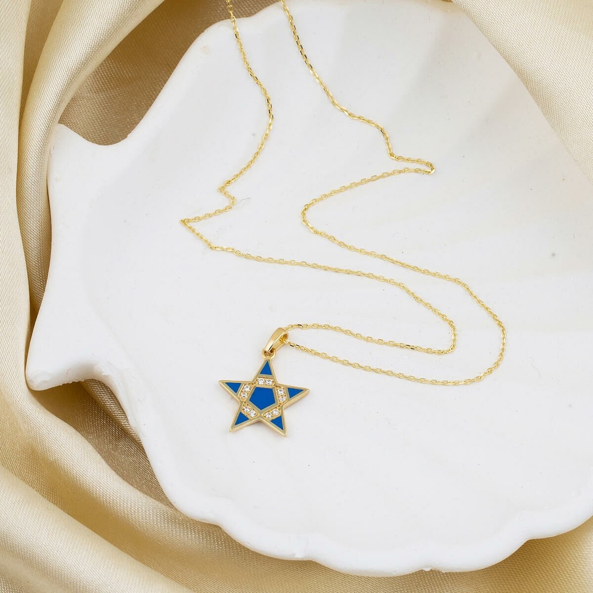 14K Yellow Gold Blue Enamel Star Cubic Zirconia Necklace
