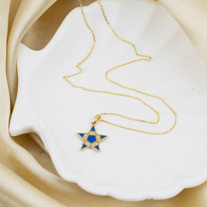 14K Yellow Gold Blue Enamel Star Cubic Zirconia Necklace