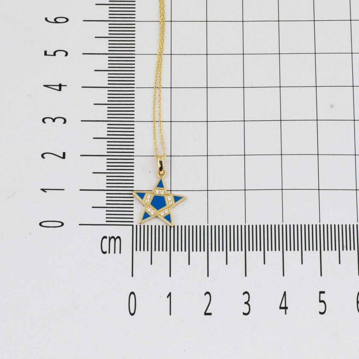 14K Yellow Gold Blue Enamel Star Cubic Zirconia Necklace