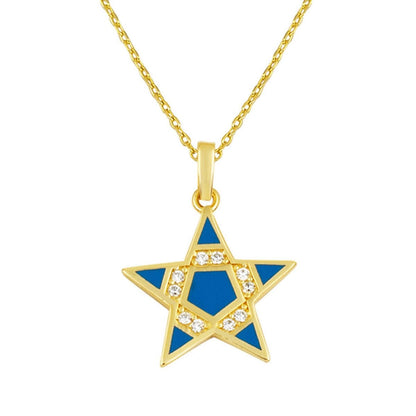 14K Yellow Gold Blue Enamel Star Cubic Zirconia Necklace