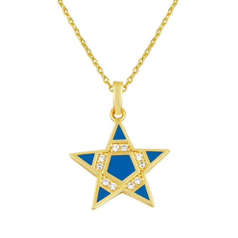 14K Yellow Gold Blue Enamel Star Cubic Zirconia Necklace
