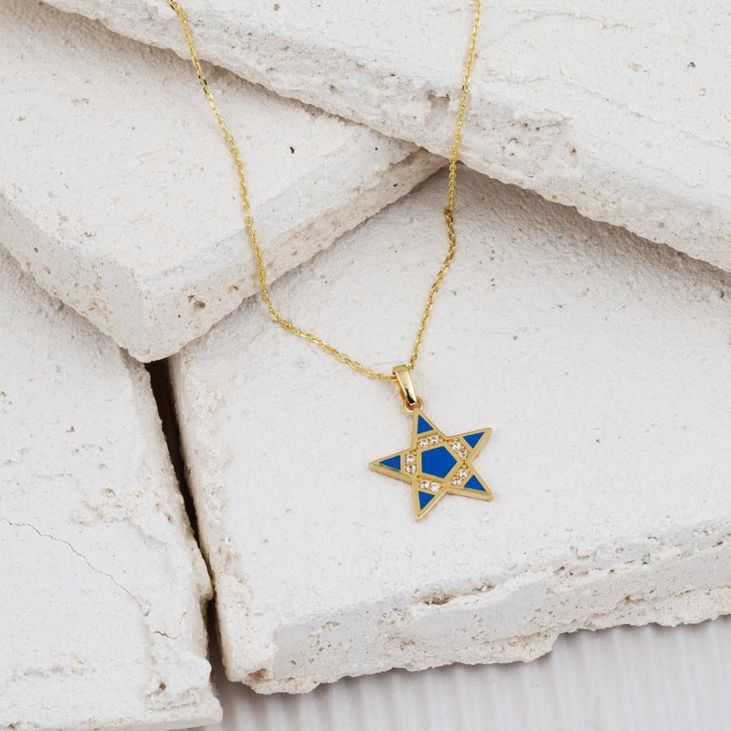 14K Yellow Gold Blue Enamel Star Cubic Zirconia Necklace