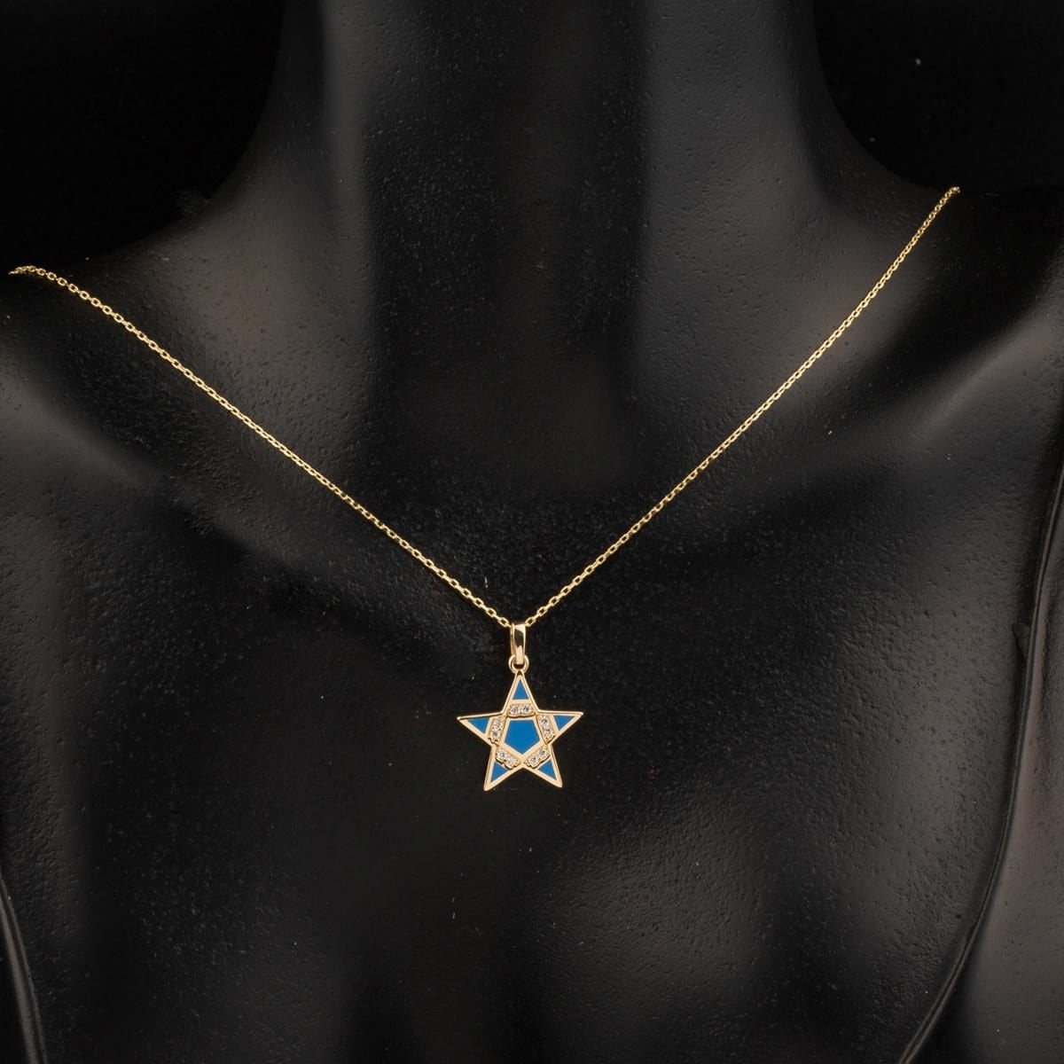 14K Yellow Gold Blue Enamel Star Cubic Zirconia Necklace
