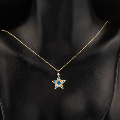 14K Yellow Gold Blue Enamel Star Cubic Zirconia Necklace
