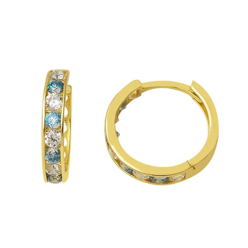 14K Yellow Gold Blue Cubic Zirconia Hoop Earrings