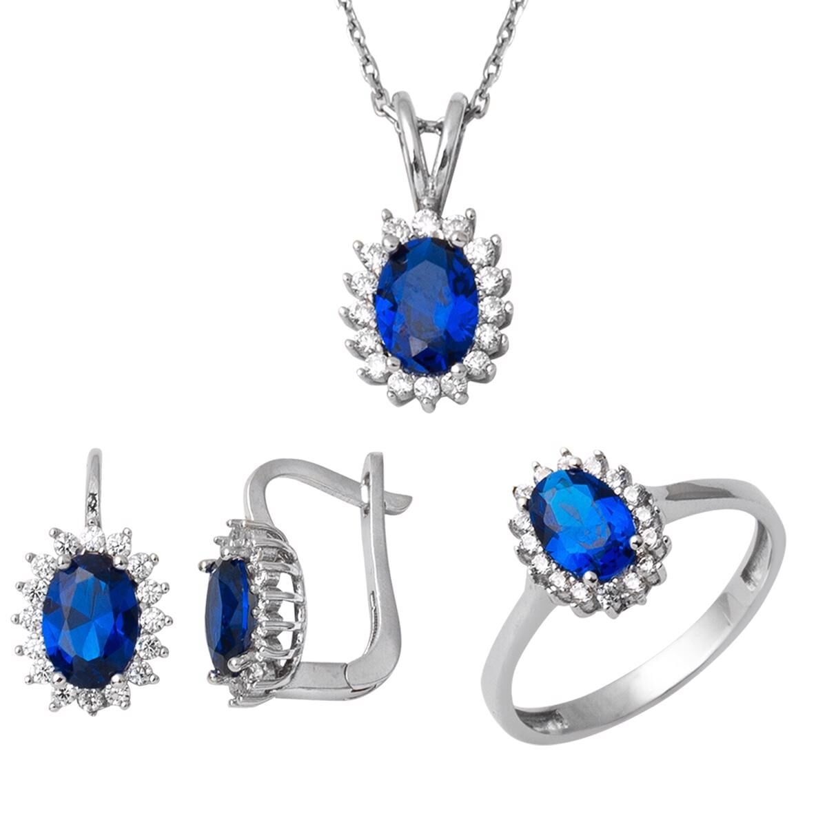 14K White Gold Blue Cubic Zirconia 3-Piece Set